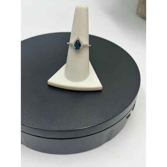 FAS Teardrop Pear Shaped London BlueTopaz Halo CZ sterling Silver Ring sz 7.5 - Picture 5 of 10